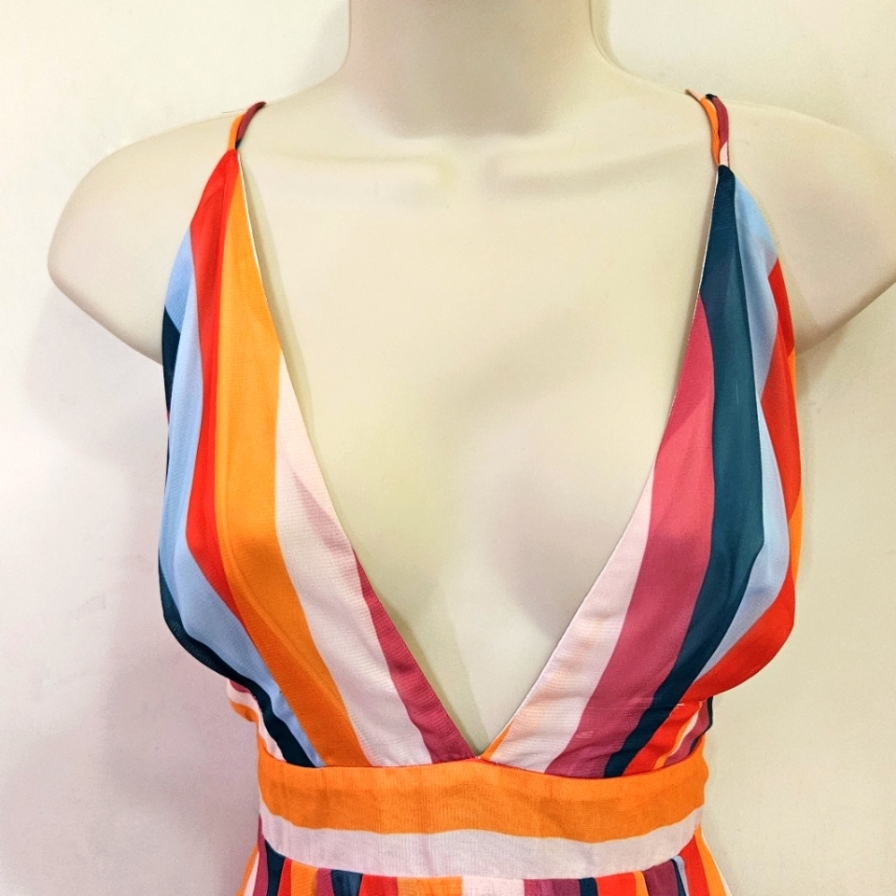 ESSUE Red/Orange Multi-Color Striped Deep Plunge Strappy Mini Dress,Large,NWT - Picture 5 of 16